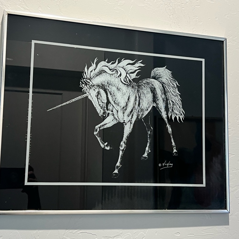 Vintage H.W Hoag Portrait Of A Unicorn 80s Print - Signed And Framed Whimsical